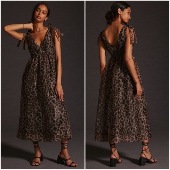 Anthro Daniel Rainn Organza Midi Dress Sleeveless V-Neck Brown Black Size Medium - Picture 5 of 16